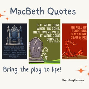 Puede incluir: Tres ilustraciones coloridas con citas de la obra Macbeth. La primera ilustración muestra un trono con la cita "Nought's had, all's spent, where our desire if got without content. 'Tis safer to be that which we destroy than by destruction dwell in doubtful joy." La segunda ilustración muestra una lápida con una calavera y huesos cruzados y la cita "If it were done when 'tis done, then 'twere well it were done quickly." La tercera ilustración muestra un escorpión rojo con la cita "Oh full of scorpions is my mind, dear wife!"