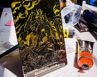 Specchio artistico acrilico BlackWarGreymon, 5 x 7 pollici / Decorazione murale Digimon nera e oro / EX-11 Sinister Order Fan Art Display & Gift