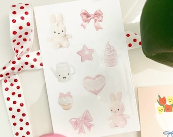 Coquette bunny sticker sheet - Deco Stickers, Korean Stationery, Polco Deco, Journaling , Penpal, Planner Stickers, Phone Stickers