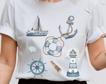 T-shirt marin, aquarelle phare, ancre de coquillage, t-shirt de plage, haut graphique océan, vêtements d'été côtiers