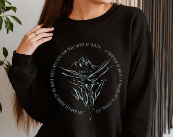 ヨハネ4:14クリスチャンクルーネック、リビングウォータースウェットシャツ、イエス聖書詩シャツ、女性用衣類、彼女への贈り物、ファウンテンフェイス聖書、