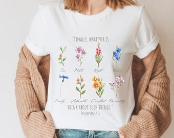 Botanical Cottagecore Tee Shirt, Botanical Christian Shirt, Botanical Flower Shirt, Botanical Shirt, Christian Shirt, Philippians 4:8 Shirt,