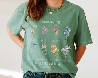 Botanical Cottagecore Christian Tee Shirt, Philippians 4 Floral T-Shirt, Wild Flower Tshirt, Women's Clothing, Scripture Art, Bible Verse T,