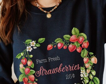 Farm Fresh Strawberries Sweatshirt, Strawberry Lover Crewneck, Botanical Fruit Crewneck, Cute Gardener Gift, Spring Cottage Core Aesthetic,