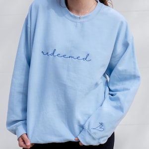 Embroidered Christian Sweatshirt, Redeemed Women&#39;s Crewneck, Jesus Shirt, Religious Faith Apparel, Bible Verse Clothing, Gift for Her