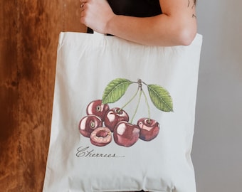 Cherry Tote Bag, Farmer's Market  Canvas Totes, Botanical Fruit, Cherries Cotton Tote, Gardener Gift, Reusable Grocery, Garden Party Favor