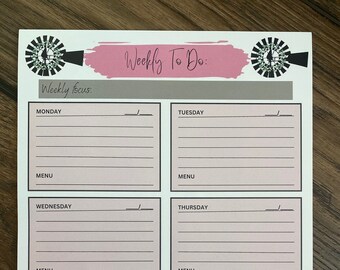 Farmhouse weekly to-do list with spaces for meal planning/menu. 8.5 x 11 notepad with tear off pages.