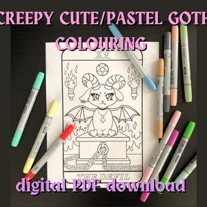 Afdrukbare kleurplaat/Pastel Goth/Tarot Card IV/The Devil/Creepy Cute Kawaii/Digitale PDF Download