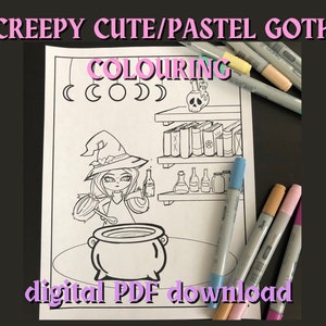 Printable Colouring Page/Pastel Goth Witchy Girl/Creepy Cute Kawaii/Digital PDF Download