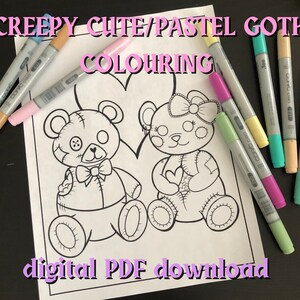 Printable Colouring Page/Pastel Goth Teddy Bears/Creepy Cute Kawaii/Digital PDF Download