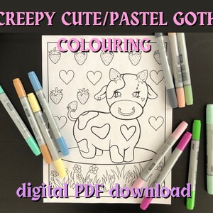 Printable Colouring Page/Pastel Goth/Strawberry Cow/Creepy Cute Kawaii/Digital PDF Download