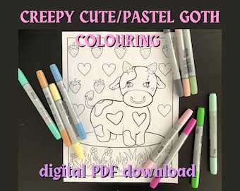 Afdrukbare kleurplaat/Pastel Goth/Strawberry koe/griezelig schattig Kawaii/digitale PDF-download