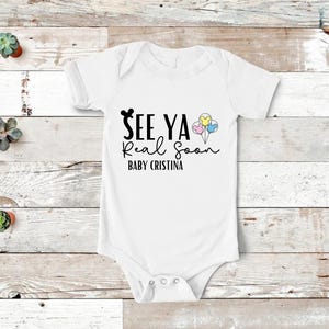 Pregnancy Announcement Shirt with Custom Date, See Ya Real Soon T-shirt with Disney Mickey Mouse Ears & Balloons, Expecting Baby Reveal Tee