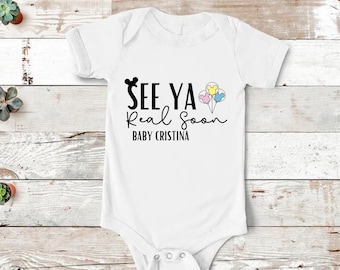 Pregnancy Announcement Shirt with Custom Date, See Ya Real Soon T-shirt with Disney Mickey Mouse Ears & Balloons, Expecting Baby Reveal Tee