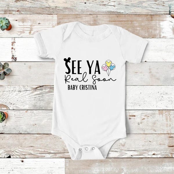 Pregnancy Announcement Shirt with Custom Date, See Ya Real Soon T-shirt with Disney Mickey Mouse Ears & Balloons, Expecting Baby Reveal Tee