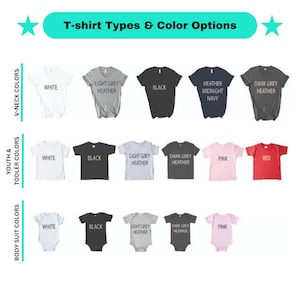 May include: A chart displaying various t-shirt styles and colour options for youth and toddler sizes. The chart features V-neck, youth and toddler t-shirts, and bodysuits. The colour choices include white, black, light grey heather, dark grey heather, pink, and red.