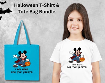 Mickey Mouse Halloween I Am Here For The Treats Shirt & Tote Bag Bundle, Disneyland Matching Halloween Trick Or Treat Tees and  Goodie Bags