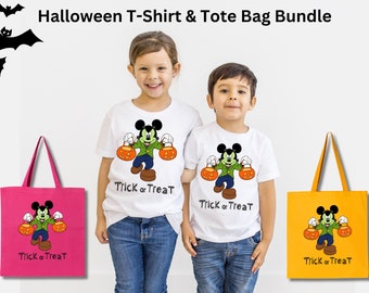 Disney Halloween Shirt & Tote Bag Bundle, Mickey Frankenstein Trick or Treat T-Shirts and Bags, Funny Matching Graphic Shirts and Candy Pack