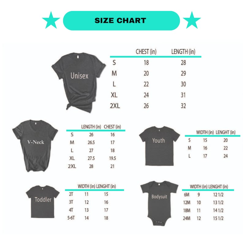 May include: Size chart for unisex, youth, toddler, and bodysuit shirts. The chart shows measurements in inches for chest, length, width, and height.