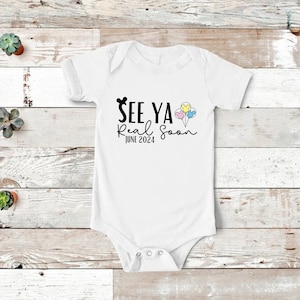 Pregnancy Announcement Shirt with Custom Date, See Ya Real Soon T-shirt with Disney Mickey Mouse Ears & Balloons, Expecting Baby Reveal Tee