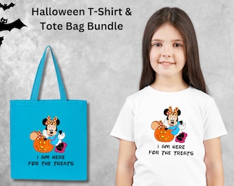 Minnie and Mickey Mouse Matching Halloween T Shirt & Tote Bag Bundle, Disneyland Trick Or Treat Tees and Goodie Bags, Disney Party Outfit