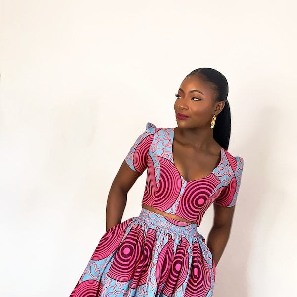 Pink Ankara Maxi Skirt and Crop Top,African Ankara V neck Top, Modest African Two piece, Pink African Print Dress, African Skirt with Pocket