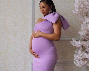 Lilac One Shoulder Maternity Dress, Purple Maternity Dress,Dress for Baby Showers,Dresses for Maternity Photoshoot, Maternity Dress with Bow