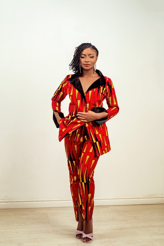 Red and Black African Womens Suit, Adire Suits, Kente Suit
