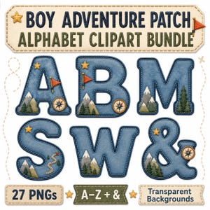 May include: A digital clipart bundle featuring denim-textured alphabet letters A, B, M, S, W, and an ampersand. Each letter includes stitched edges and adventure-themed graphics like mountains, pine trees, compasses, flags, and yellow stars.