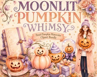 Paquete de imágenes prediseñadas de acuarela con calabazas iluminadas por la luna, calabazas otoñales en tonos pastel en formato PNG, flores otoñales acogedoras, lindas imágenes PNG de Halloween, diseño para diarios y pegatinas.