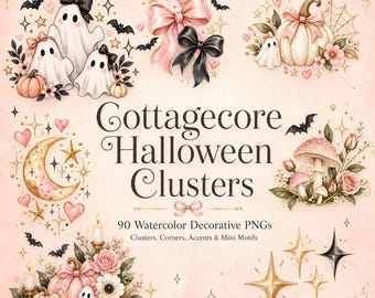 Puede incluir: Una colección de ilustraciones en acuarela que presenta fantasmas con lazos, calabazas rosas, setas, lunas crecientes, murciélagos y estrellas. El texto dice Cottagecore Halloween Clusters, 90 Watercolor Decorative PNGs, Clusters, Corners, Accents & Mini Motifs.