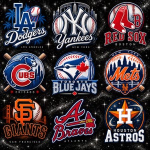 May include: A collection of nine Major League Baseball team logos arranged in a grid on a black background with white star-like sparkles. The logos include the Los Angeles Dodgers, New York Yankees, Boston Red Sox, Chicago Cubs, Toronto Blue Jays, New York Mets, San Francisco Giants, Atlanta Braves, and Houston Astros.
