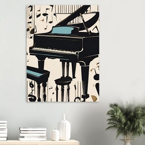 Midcentury Grand Piano Poster | Minimal Music Print | Gift for Pianist and Musician | Cream & Black