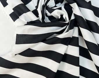 High Quality Designer Fabric - Made in Italy - Cotton Fabric - Natural Fabric - Dress / Blouse - Stretch in weft -White Black Striped Fabric