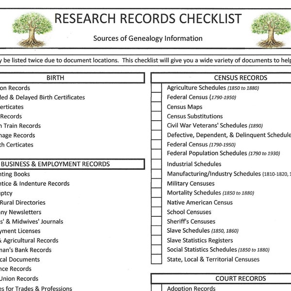 Research Records Checklist| Printable Excel or PDF | Family Tree Research | Ancestry Research | Research Worksheet | Digital Download