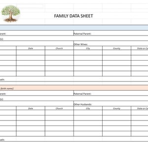 Family Data Sheet | Printable Excel or PDF Doc | Genealogy Family Tree Record | Ancestor Template | Ancestor Research | Instant Download