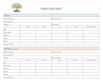 Familiendatenblatt | Druckbares Excel oder PDF Doc | Genealogie-Stammbaum-Aufzeichnung | Ahnen Vorlage | Ahnenforschung | Sofort Download