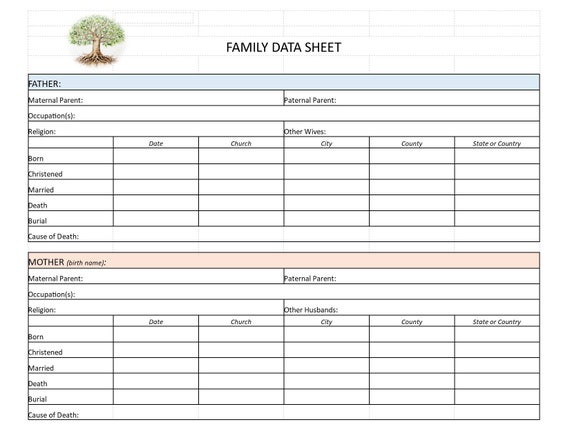 Family Data Sheet | Printable Excel or PDF Doc | Genealogy Family Tree Record | Ancestor Template | Ancestor Research | Instant Download