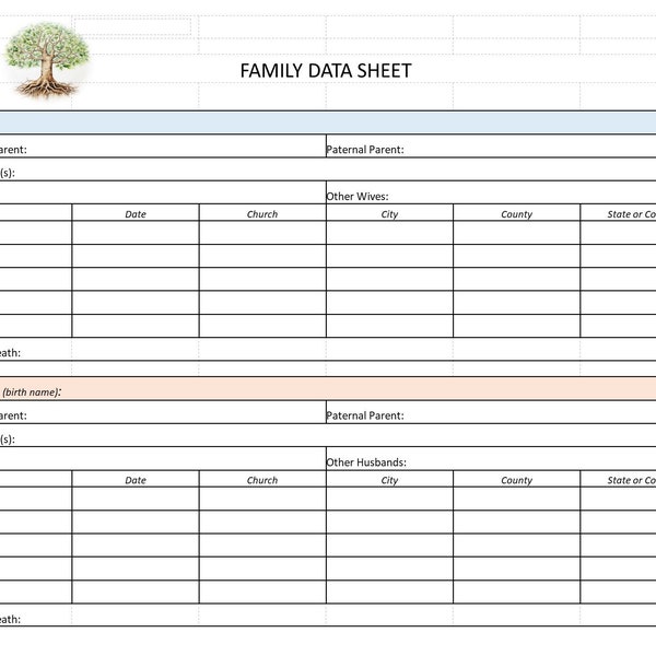 Family Data Sheet | Printable Excel or PDF Doc | Genealogy Family Tree Record | Ancestor Template | Ancestor Research | Instant Download