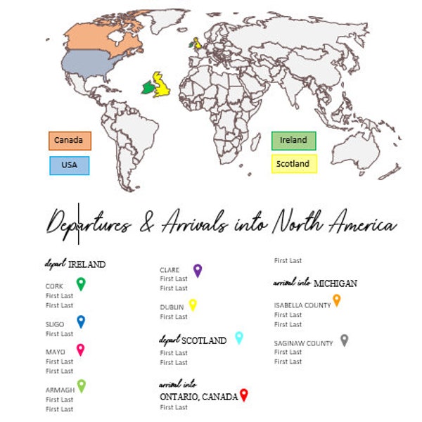 Microsoft Word Ancestry Map with Tags, Editable Arrival & Departure Map Template, Family History Immigration Map, Instant Printable Download