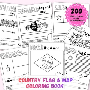 Puede incluir: Una colección de páginas para colorear con banderas y mapas de países. Las páginas incluyen banderas de Arabia Saudita, Suazilandia, Chile, Guinea-Bissau, Brasil, Gales y Malasia. El texto en las páginas dice "Country Flag & Map Coloring Book."
