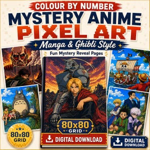 Colour By Number Mystery Anime Pixel Art  | Manga, Ghibli Style, 80x80 Grid (Digital Download)