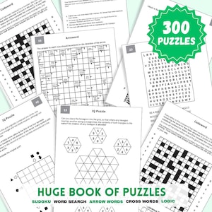 Peut inclure: Un ensemble de livres de puzzles avec différents types de jeux, dont des Sudoku, des mots cachés, des flèches, des mots croisés et des énigmes logiques. L'image présente plusieurs pages avec différents puzzles et le texte "300 Puzzles".