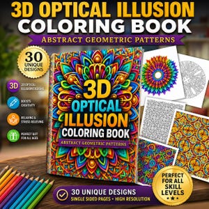 May include: A 3D Optical Illusion Colouring Book with abstract geometric patterns. The cover features a vibrant, colourful design. The book promises 30 unique designs, single-sided pages, and high resolution. Includes coloured pencils and sample pages.