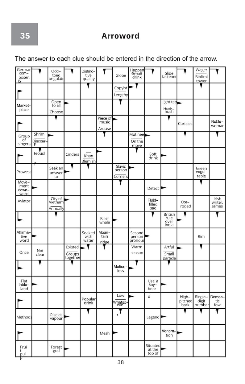 May include: A crossword puzzle titled "Arroword" with a grid of interconnected boxes. Each box contains a clue, and the answers are entered in the direction of the arrow. The puzzle is designed for word enthusiasts.