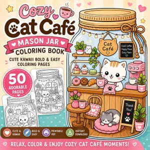May include: A Cozy Cat Café Mason Jar coloring book cover featuring a large jar illustration filled with a cat barista, pastries, and coffee equipment. The text reads Cozy Cat Café, Mason Jar Coloring Book, 50 Adorable Pages, and Thank You.