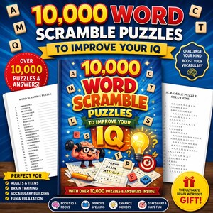 Peut inclure: Couverture du livre "10,000 Word Scramble Puzzles to Improve Your IQ". L'image présente un cerveau soulevant des poids, une ampoule et une cible. Il promet plus de 10 000 énigmes et réponses, parfait pour les adultes et les adolescents.