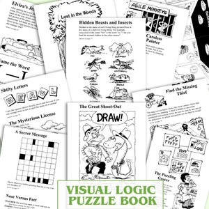 Może przedstawiać: Zbiór czarno-białych stron z łamigłówkami z "Visual Logic Puzzle Book". Strony zawierają różne łamigłówki, w tym gry słowne, ukryte obiekty i problemy logiczne. Tytuł książki jest w zielonym tekście.