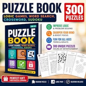 May include: A puzzle book with the title "PUZZLE BOOK" in large, colorful letters. The book cover features the text "LOGIC GAMES, WORD SEARCH, CROSSWORD, SUDOKU" and icons representing different puzzle types. The book promises 300 puzzles and hours of entertainment.