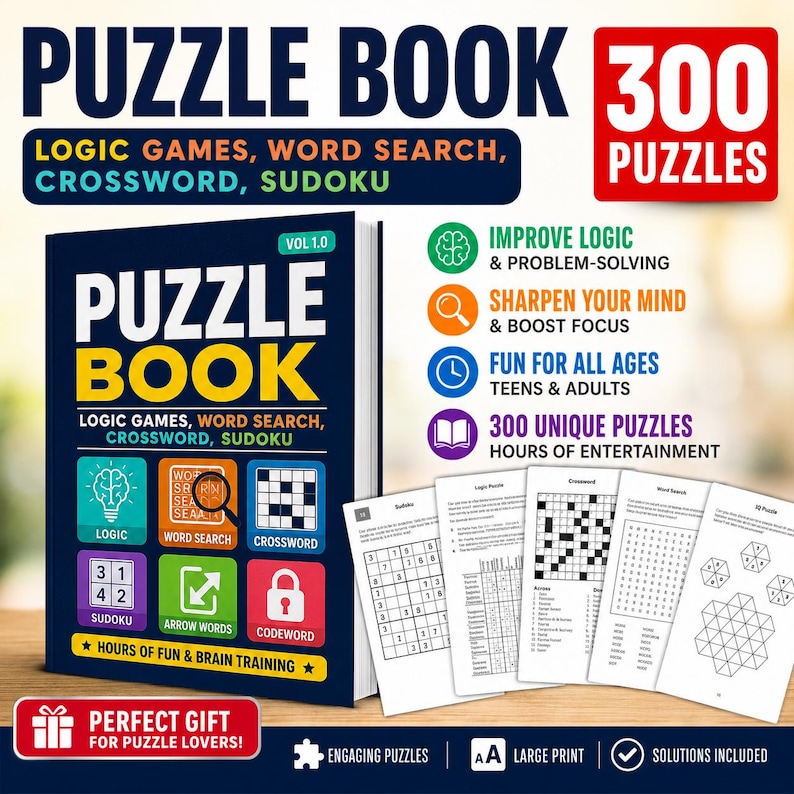 May include: A puzzle book with the title "PUZZLE BOOK" in large, colorful letters. The book cover features the text "LOGIC GAMES, WORD SEARCH, CROSSWORD, SUDOKU" and icons representing different puzzle types. The book promises 300 puzzles and hours of entertainment.